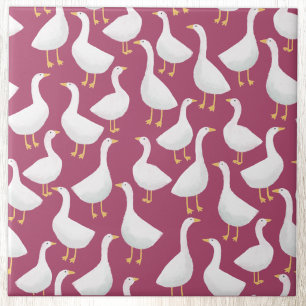 Quirky White Goose Berry Red Cottagecore Pattern Tile