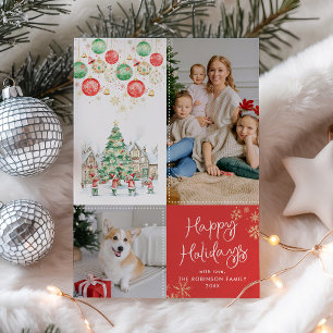 Quirky Winter Village Merry Christmas Red 2 Photo Holiday Card