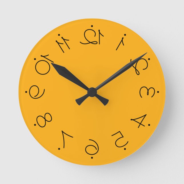 Quirky Yellow With Flipped Twisted Numbers Round Clock (Front)