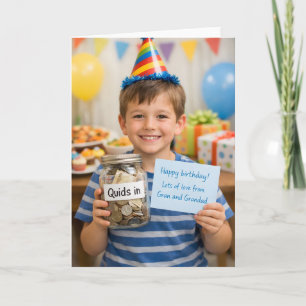 Quits in money jar birthday card from Gran and gra