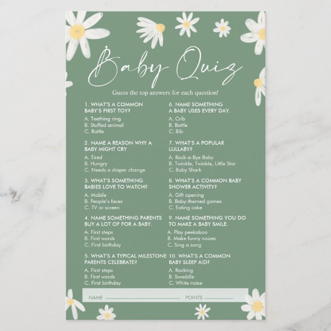 Quiz Baby Shower Game, Daisy Baby Shower Game (Front)