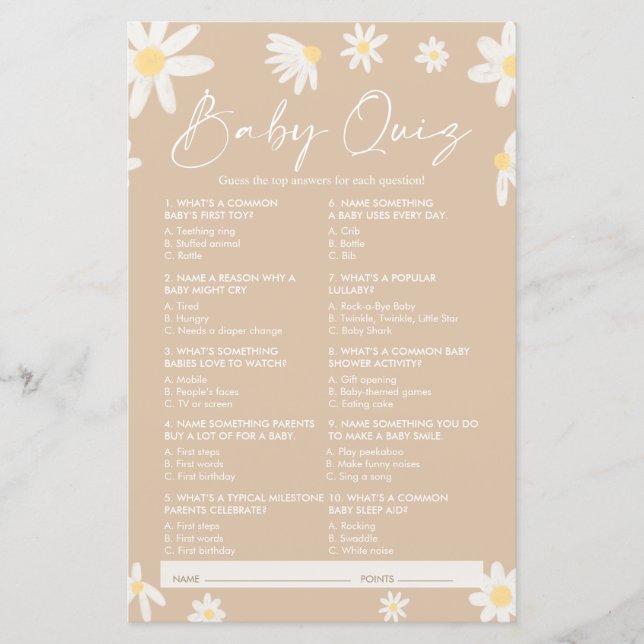 Quiz Baby Shower Game, Daisy Baby Shower Game (Front)