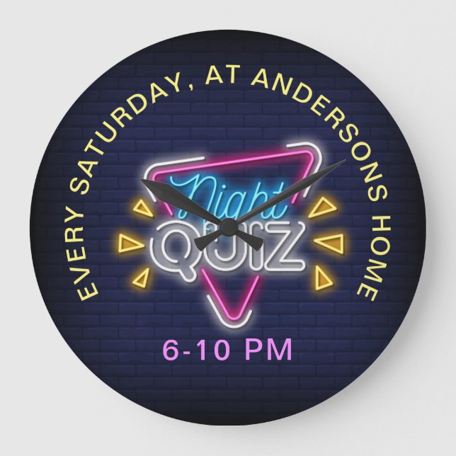 Quiz Night Neon Style Signs Custom Text Large Clock (Front)