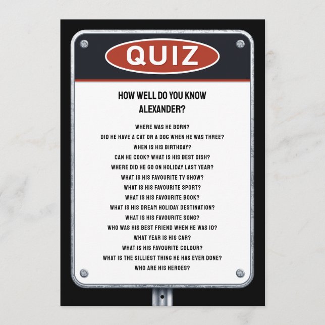 Quiz party game with road sign invitation (Front)