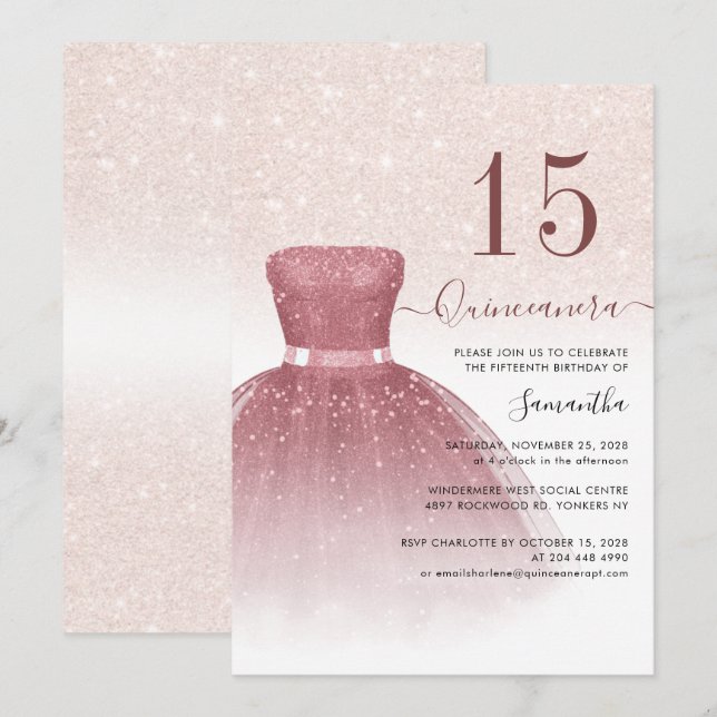 Quniceanera 15th Birthday Party Pink Glitter Invitation (Front/Back)