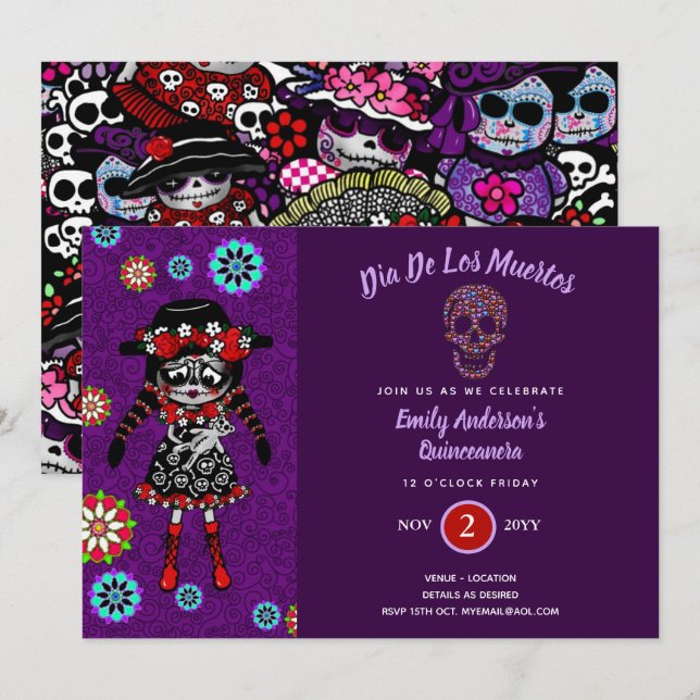 QUNICEANERA Day of The Dead Sugar Skull Sweet 16 Invitation (Front/Back)