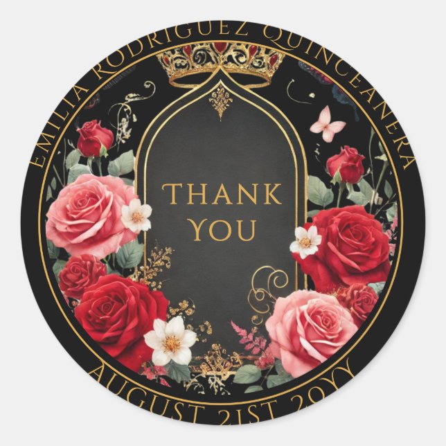 Quniceanera Favour Bag Red Roses Floral Thank You Classic Round Sticker (Front)