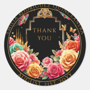 Quniceanera Favour Bag Red Roses Floral Thank You Classic Round Sticker