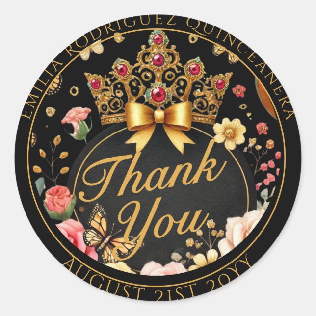 Quniceanera Favour Gifts Red Roses Tiara Thank You Classic Round Sticker (Front)