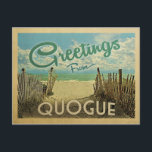 Quogue Postcard Beach Vintage Travel Postcard<br><div class="desc">This Greetings From Quogue vintage postcard design features a sandy beach with a beautiful turquoise ocean water and above the sea,  a blue sky with billowy white clouds. In vintage travels style.</div>