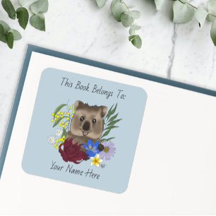 Quokka Happy Australia Floral Blue Bookplate Square Sticker