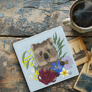 Quokka Happy Australia Floral Blue Glass Coaster