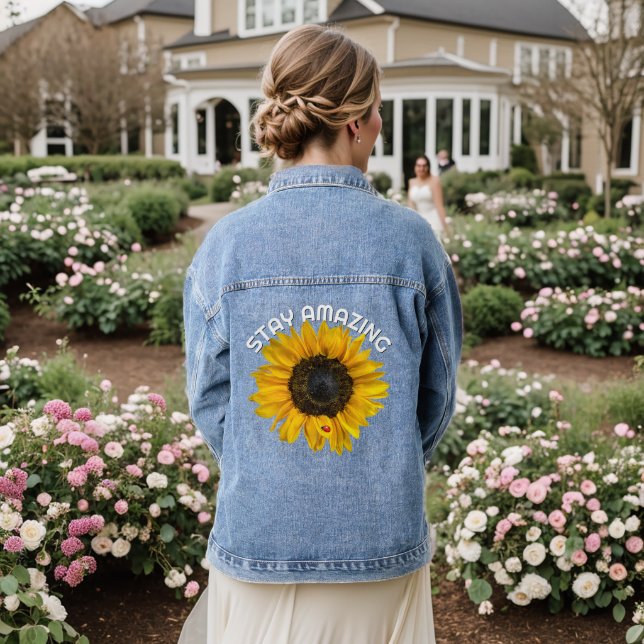 Quote and Yellow Sunflower With Lady Bug Denim Jacket (Wedding Back)