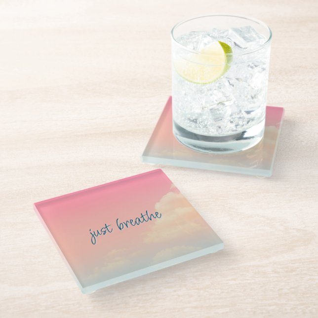 Quote JUST BREATHE Pastel Pink Blue Sky Modern Glass Coaster (Angled)