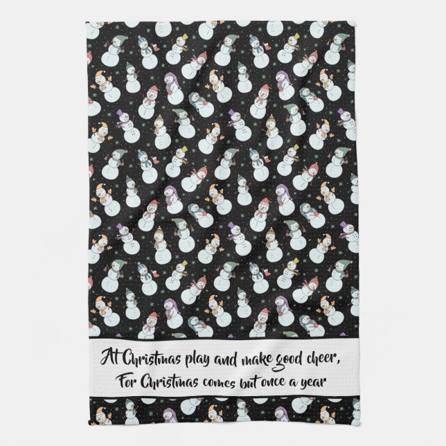 Quote Kids Christmas Snowman in Hats Black/White Tea Towel (Vertical)
