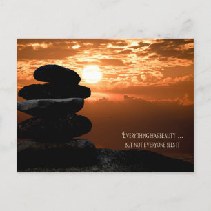 Quote with cairn and sunset sky holiday postcard