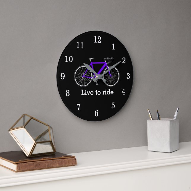 Quote With Purple Bicycle On Black Large Clock (Office)