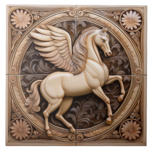 R Beige faux relief Art Nouveau Winged Horse Tile