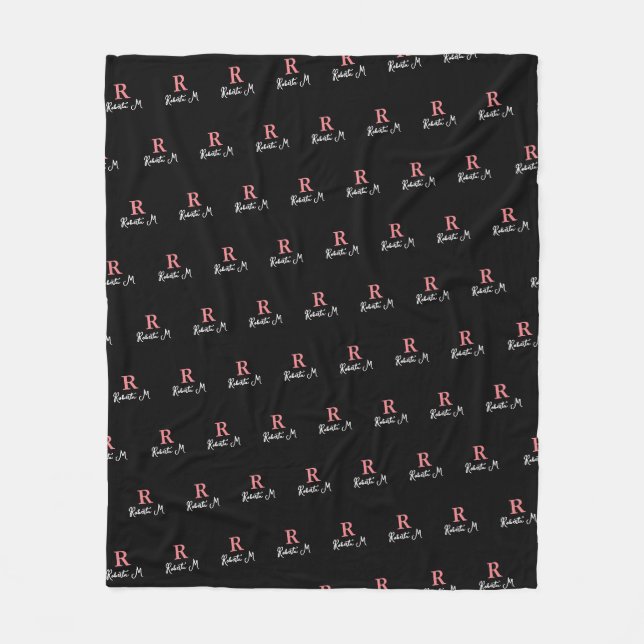 R /custom/ Pink Monogram stamped allover Black Fleece Blanket (Front)
