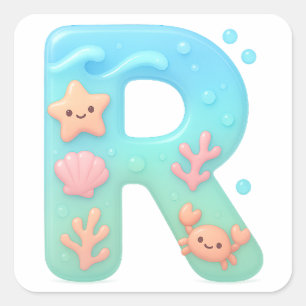 "R" Cute Letter - Underwater Sea Creature  Square Sticker