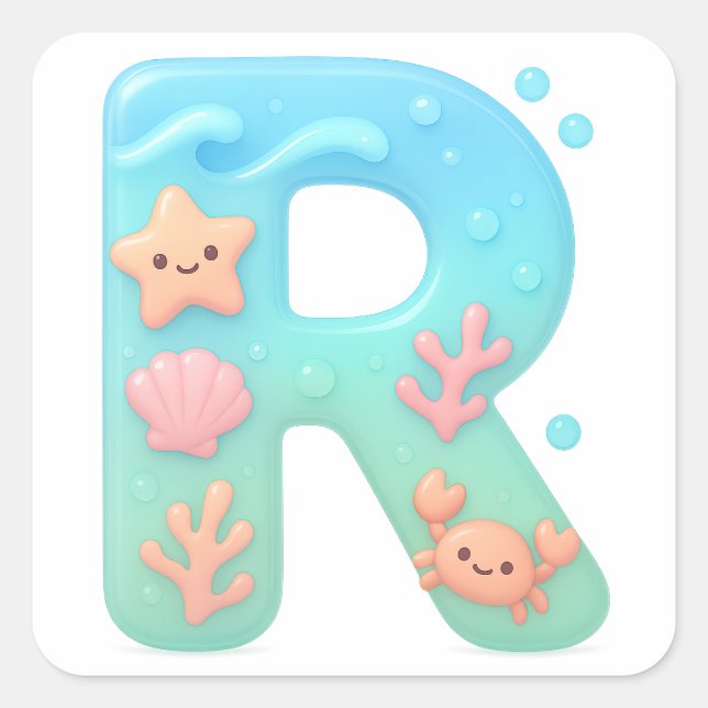 "R" Cute Letter - Underwater Sea Creature  Square Sticker (Front)