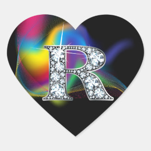 "R" Diamond Bling on Rainbow Swirl Heart Sticker