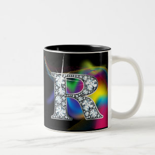 "R" Diamond Bling on Rainbow Swirl Mug