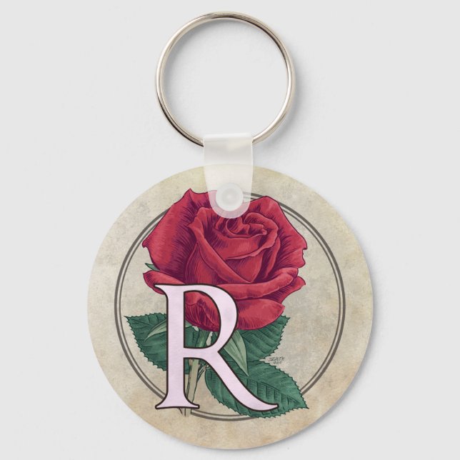 R for Rose Flower Monogram Key Ring (Front)