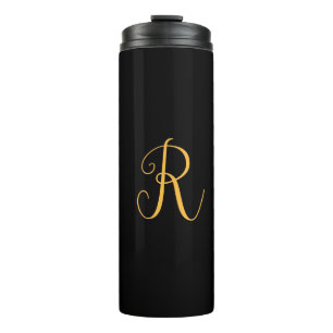 R gold on black background thermal tumbler