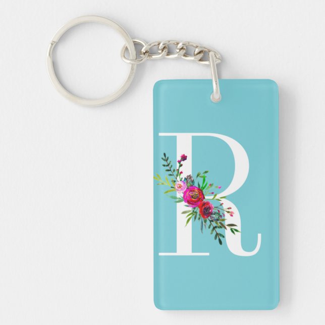 R Letter Initial Monogram Floral Custom Colour Key Ring (Front)