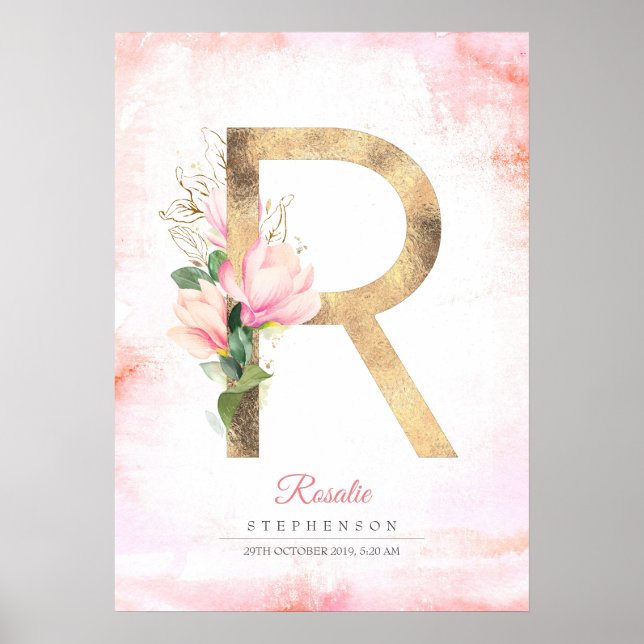 R Letter Monogram Gold Leaves Pink Magnolia Floral Poster (Front)
