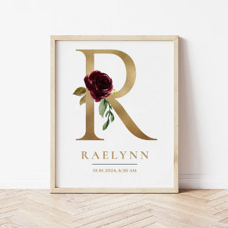 R Letter Monogram Name Marsala Floral Nursery Poster