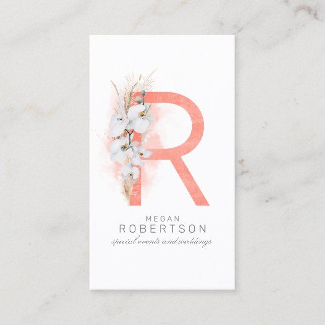 R Letter Monogram White Orchids and Pampas Grass Business Card (Front)