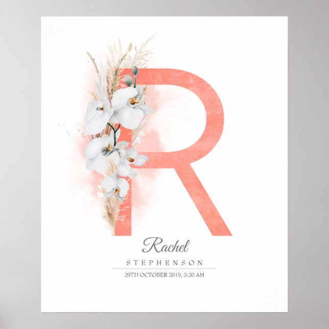 R Letter Monogram White Orchids and Pampas Grass Poster (Front)