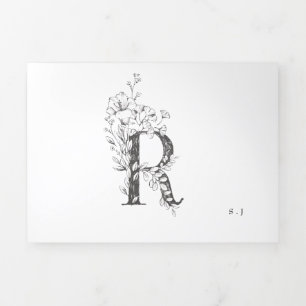 'R' Monogram Beautiful Sketched Floral Wedding Tri-Fold Invitation