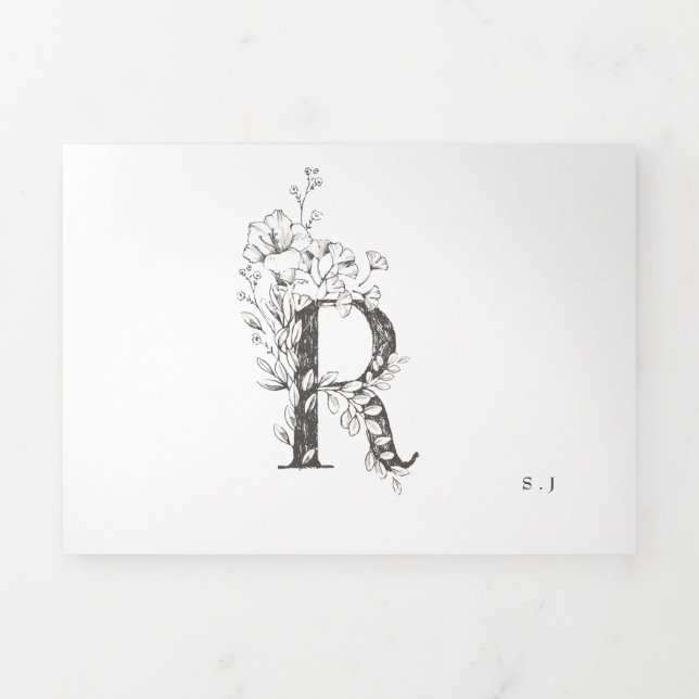 'R' Monogram Beautiful Sketched Floral Wedding Tri-Fold Invitation (Cover)