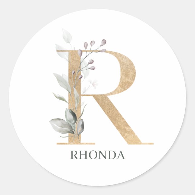 R Monogram Floral Personalised Classic Round Sticker (Front)