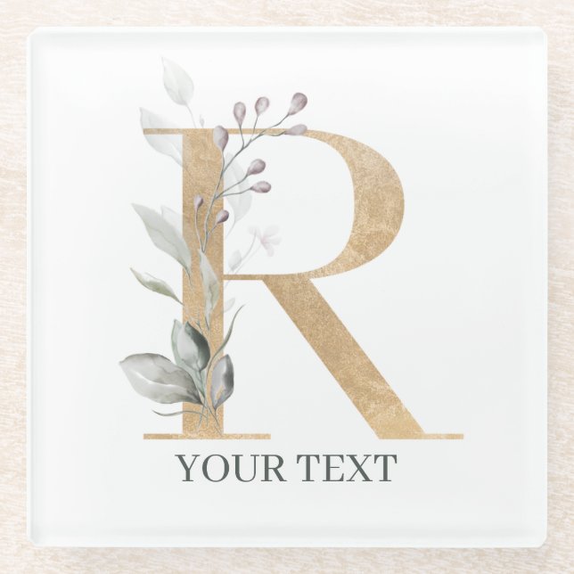R Monogram Floral Personalised Glass Coaster (Front)