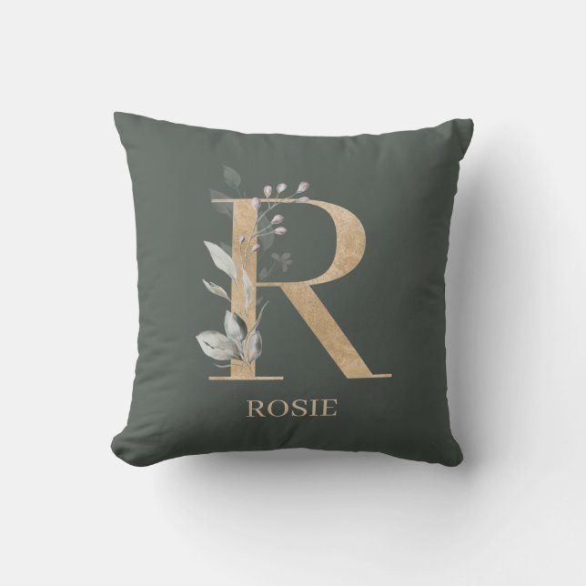 R Monogram Floral Personalised Throw Pillow (Front)