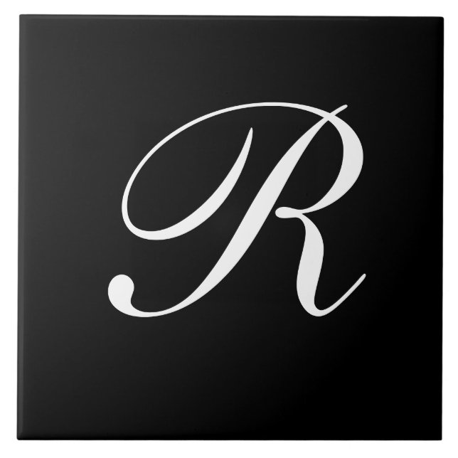 R Monogram Initial White on Black Tile (Front)