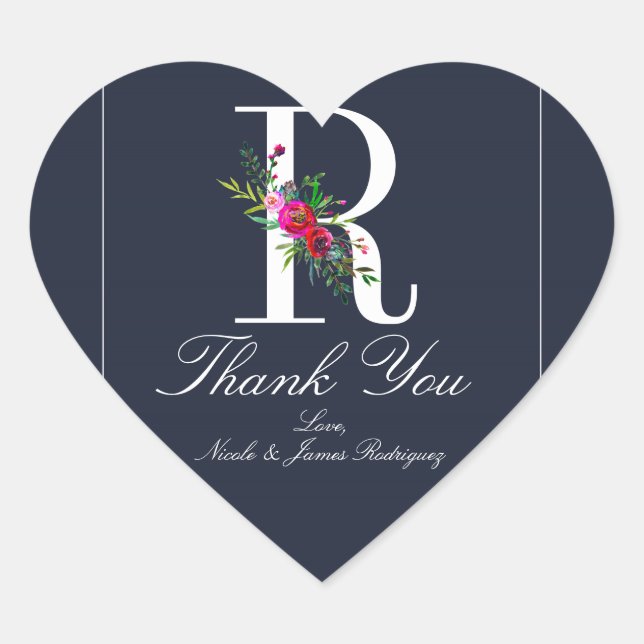 R Monogram Last Initial Modern Blue Floral Wedding Heart Sticker (Front)
