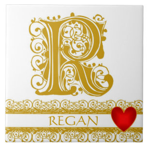 R Monogram Name Gold Lace Red Heart Template Tile