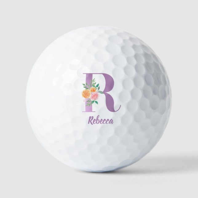 R Monogram Purple Floral Watercolor Personalised Golf Balls (Front)