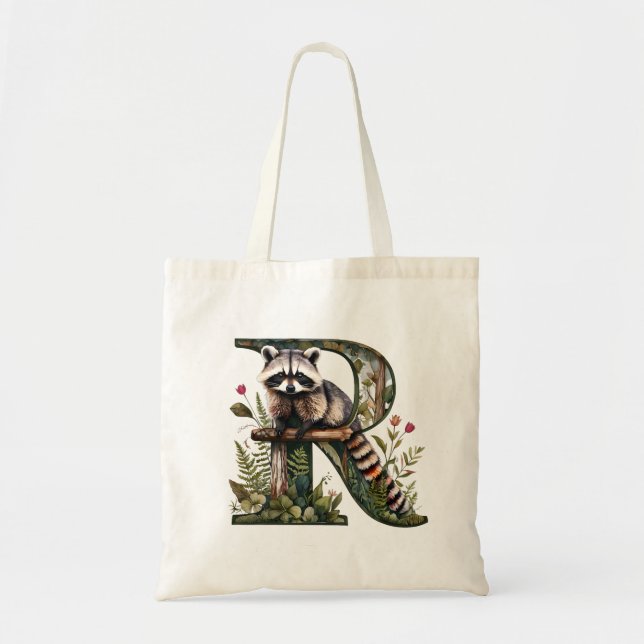 R Monogram Racoon Tote Bag | Woodland Nature art (Front)