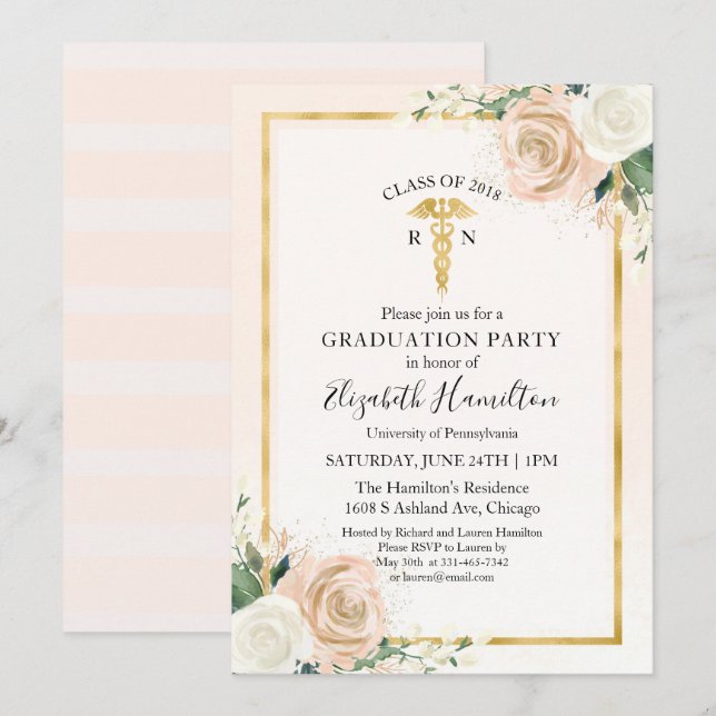R N Medical Nursing School Graduation Party Floral Invitation (Front/Back)