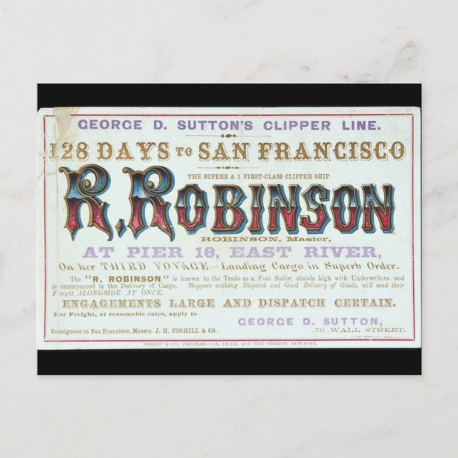 R Robinson Clipper sailing ship 1863 Postcard (Front)