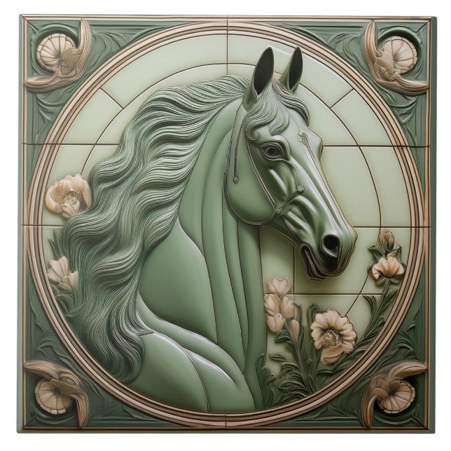 R Sage green faux relief Art Nouveau Horse Head Tile (Front)