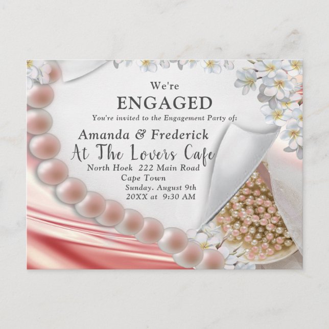 R Silk & Pearls Engagement Inv Invitation Postcard (Front)