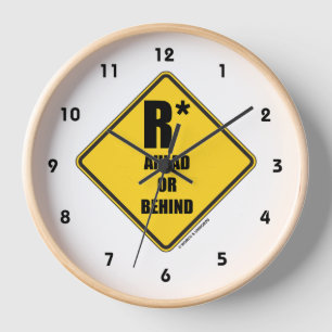R-Star Ahead Or Behind Yellow Diamond Warning Sign Clock