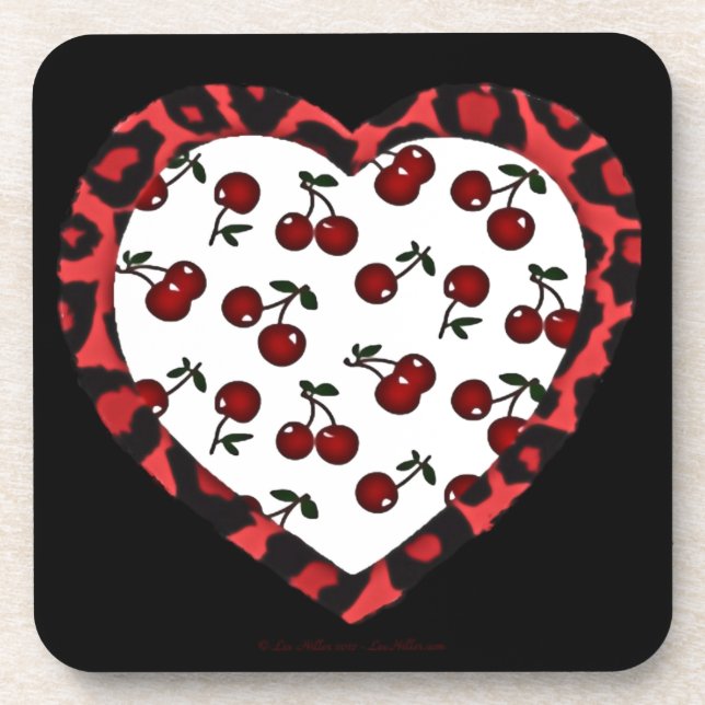 RAB cherries Leopard Print Heart Rockabilly Coaster (Front)